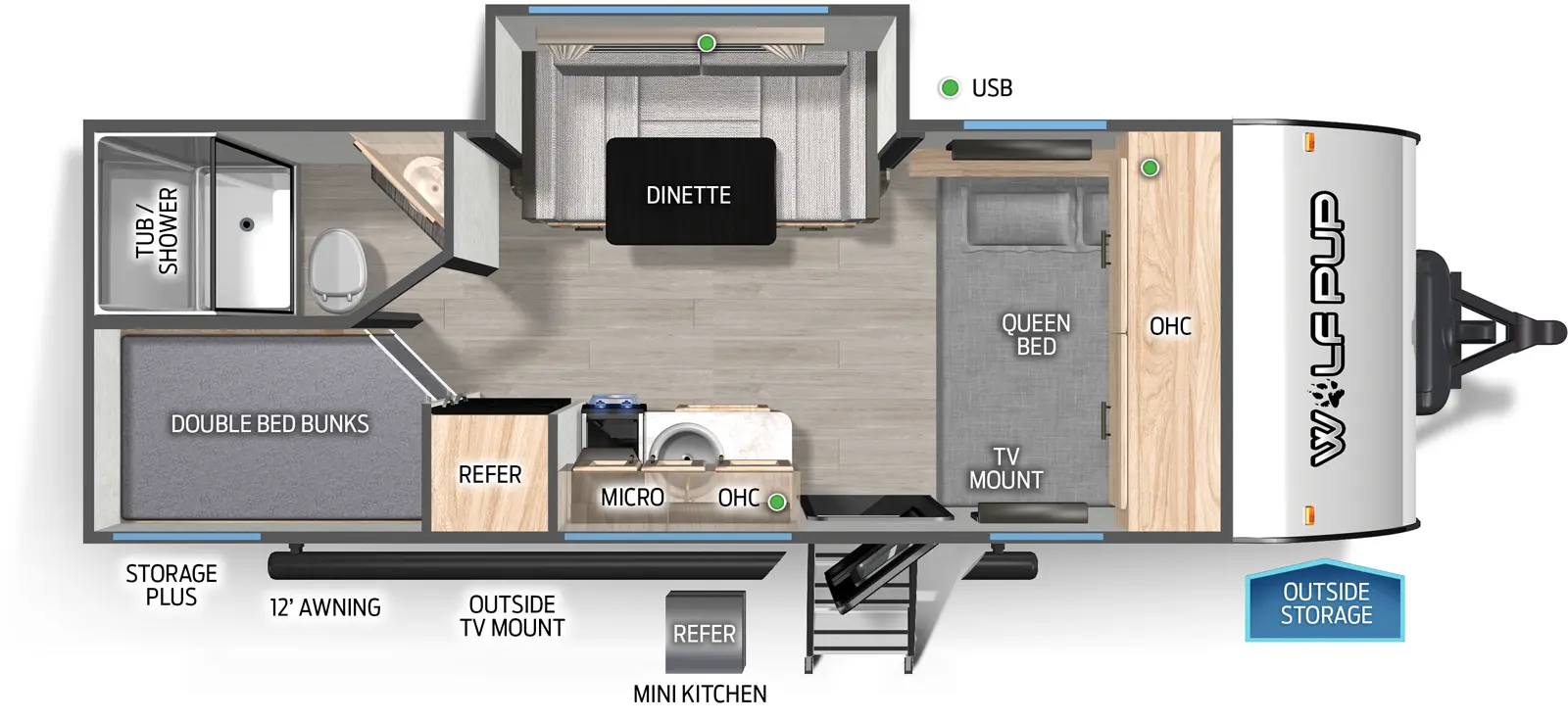 The Wolf Pup 17JW floorplan has one entry and one slide out. Exterior features include: metal exterior, 12' awning and outside kitchen. Interiors features include: bunk beds, u-dinette and front bedroom.